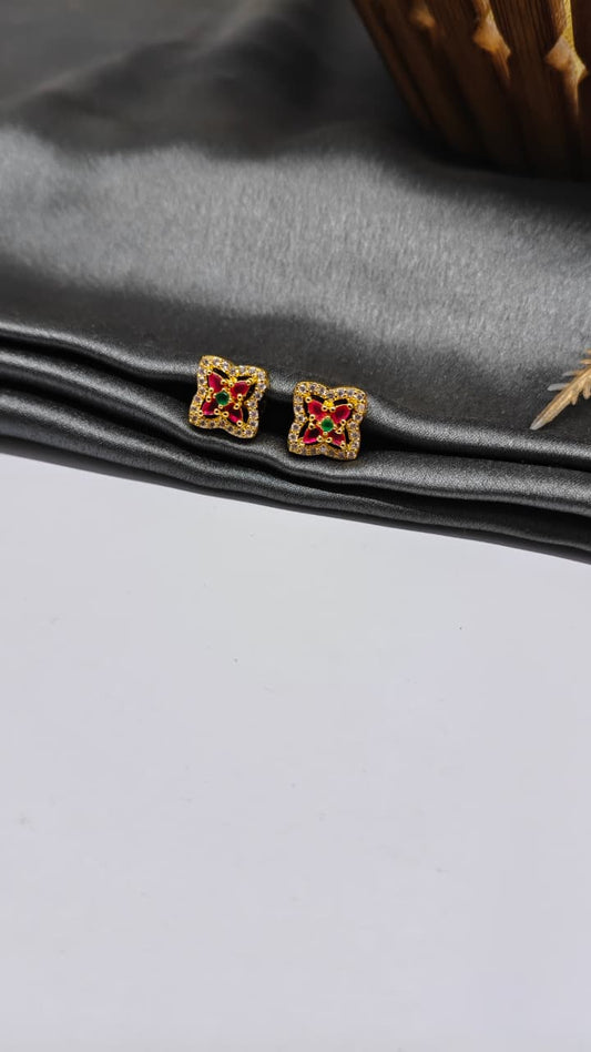 925 Silver Gold Colour Green/Red/White Stone Design Earrings