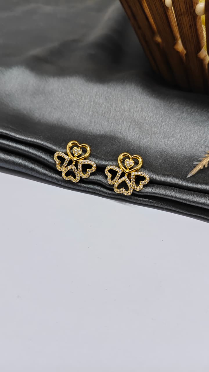 925 Silver Gold Colour 4 Heart Design White Stone Earrings