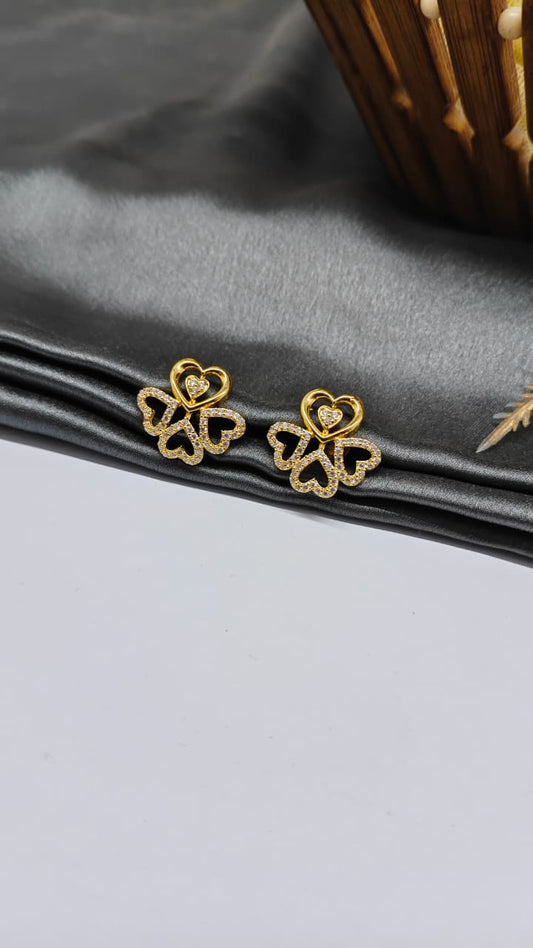 925 Silver Gold Colour 4 Heart Design White Stone Earrings
