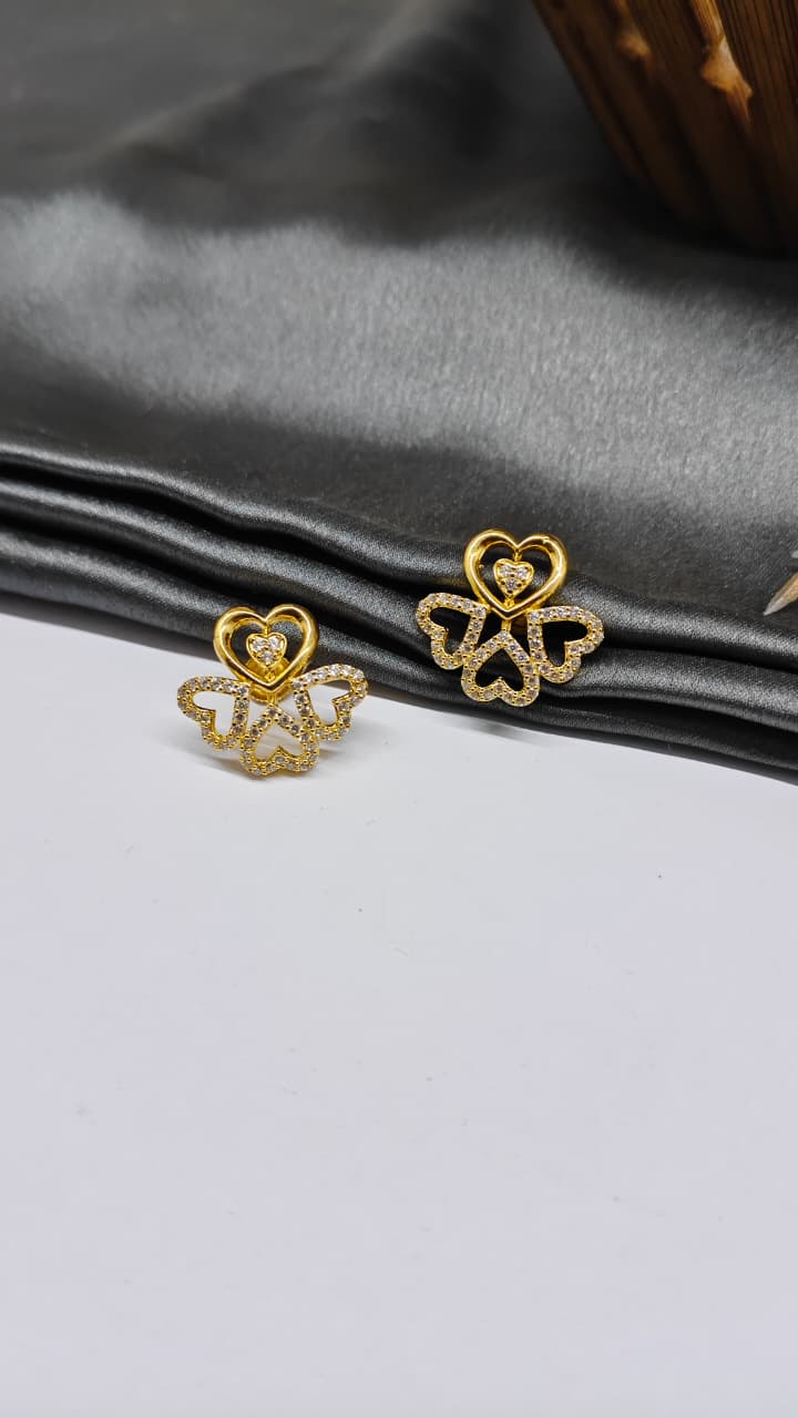 925 Silver Gold Colour 4 Heart Design White Stone Earrings
