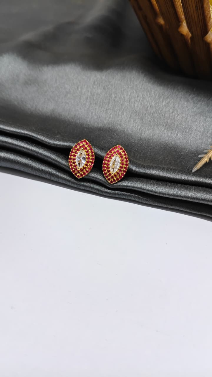 925 Silver Gold Colour 1 White/Red Stone Design Earrings
