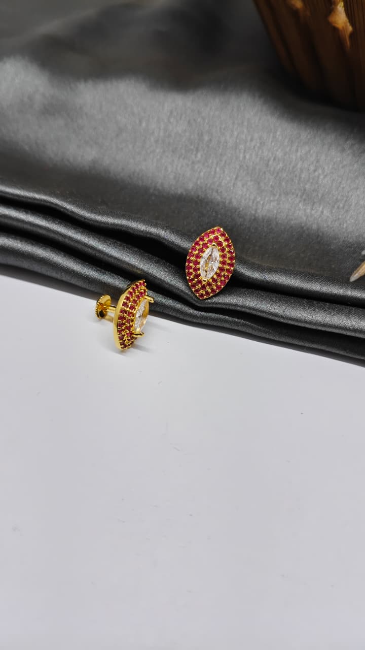 925 Silver Gold Colour 1 White/Red Stone Design Earrings