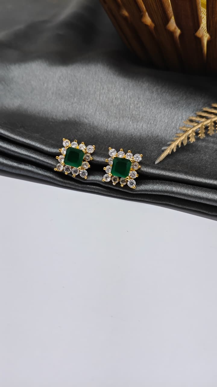 925 Silver Gold Colour 1 Green With Multiple White Stone Design Earrings