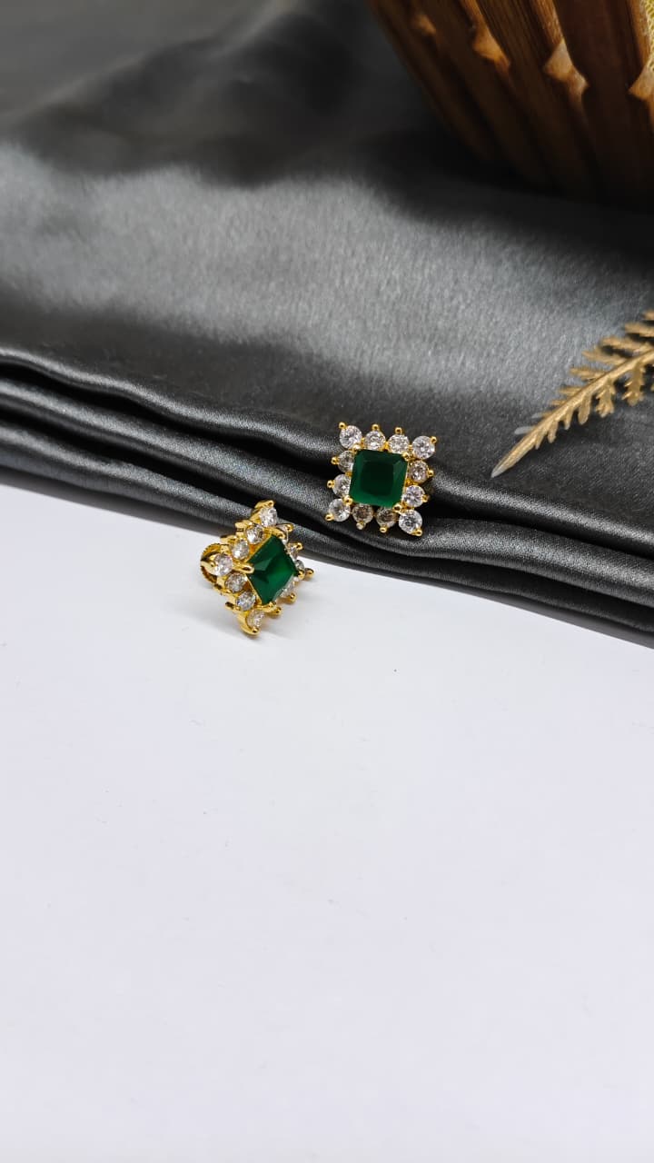 925 Silver Gold Colour 1 Green With Multiple White Stone Design Earrings