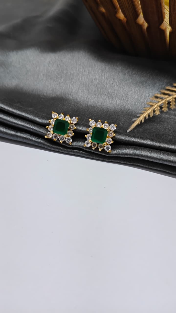925 Silver Gold Colour 1 Green With Multiple White Stone Design Earrings