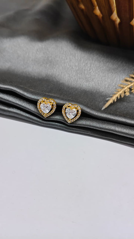 925 Silver Gold Colour White Stone Heart Design Earrings