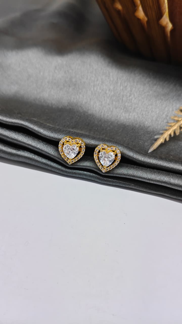 925 Silver Gold Colour White Stone Heart Design Earrings