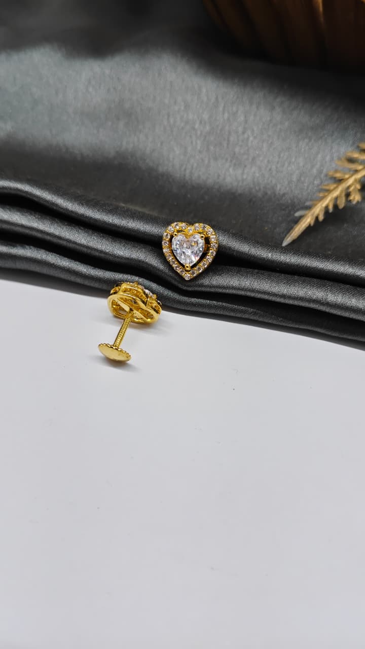 925 Silver Gold Colour White Stone Heart Design Earrings