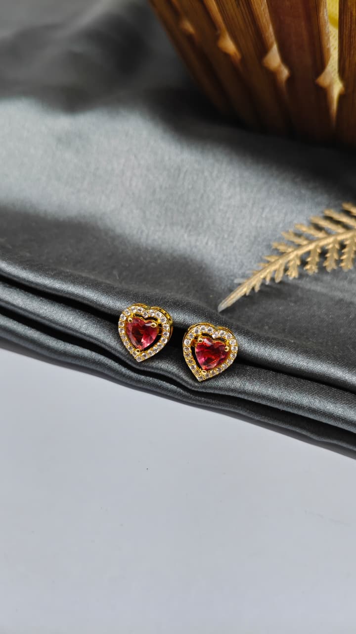 925 Silver Gold Colour Red With White Stone Heart Design Earrings