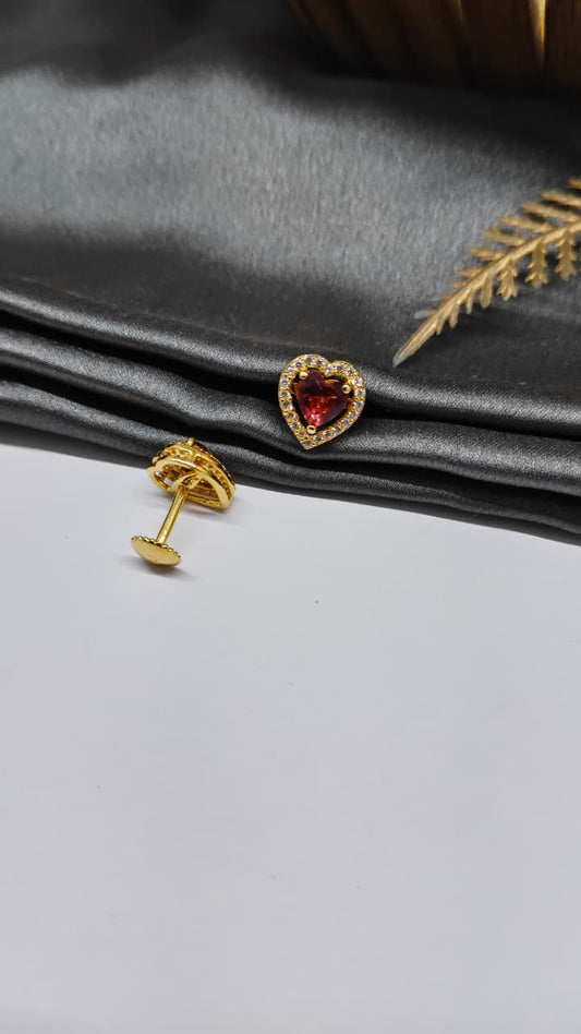 925 Silver Gold Colour Red With White Stone Heart Design Earrings