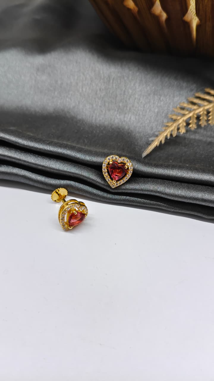 925 Silver Gold Colour Red With White Stone Heart Design Earrings