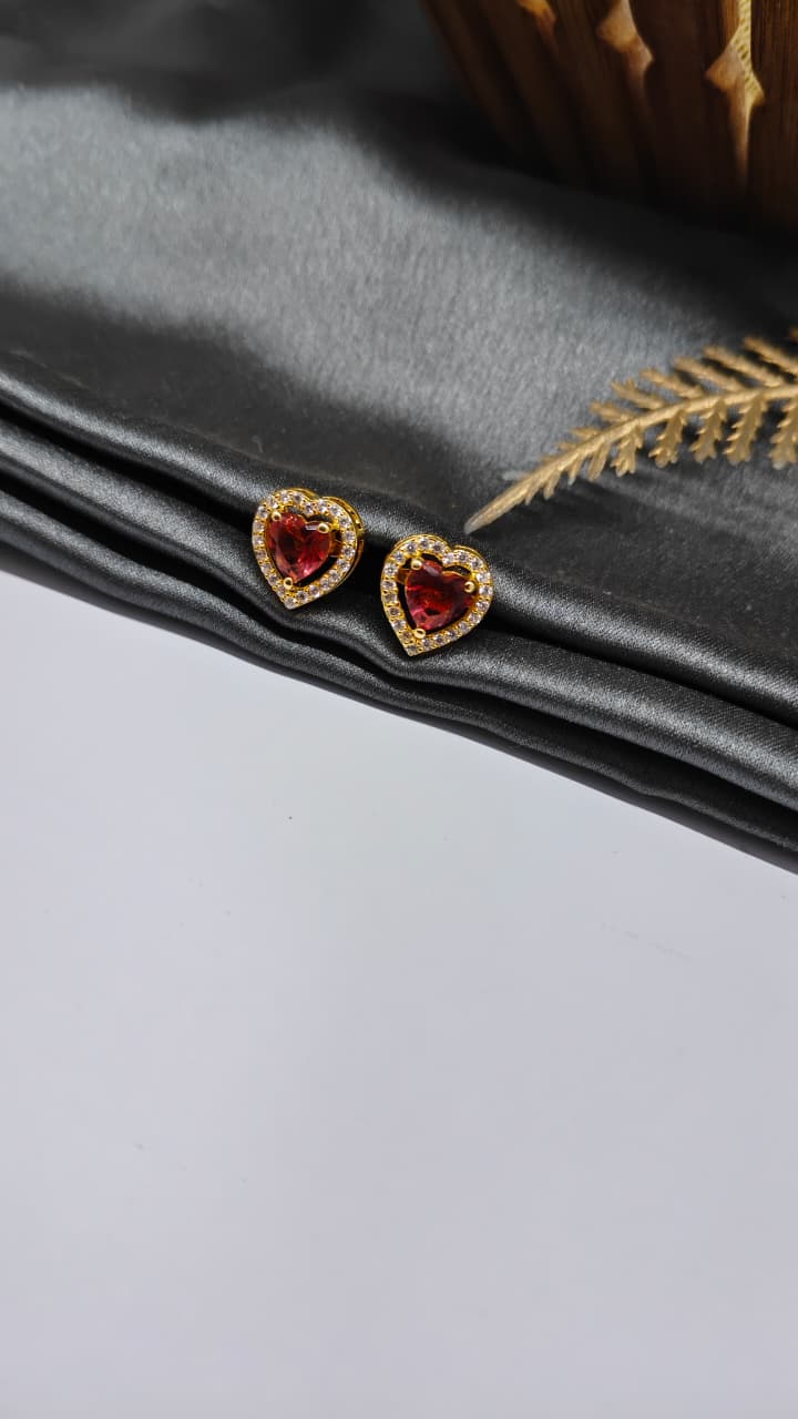 925 Silver Gold Colour Red With White Stone Heart Design Earrings