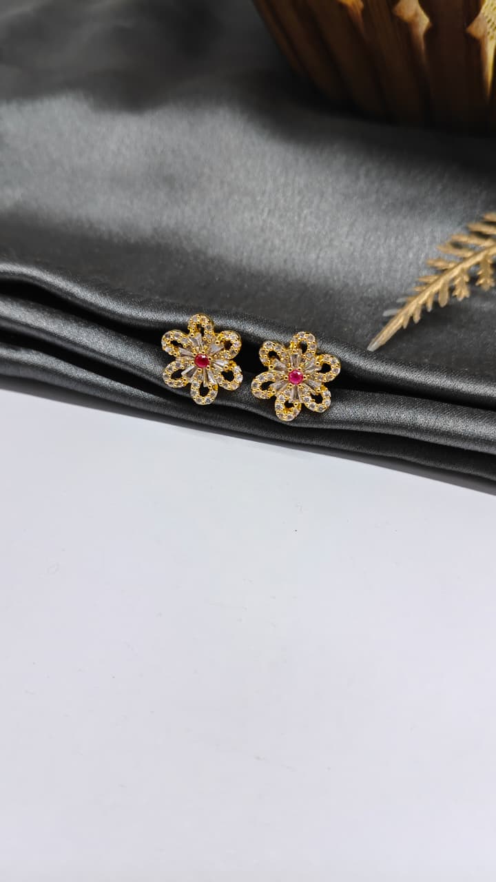 925 Silver Gold Colour 1Red Stone With White Stone Design Earrings