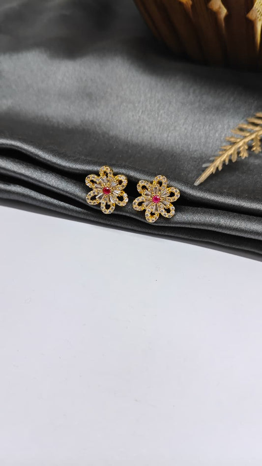 925 Silver Gold Colour 1Red Stone With White Stone Design Earrings