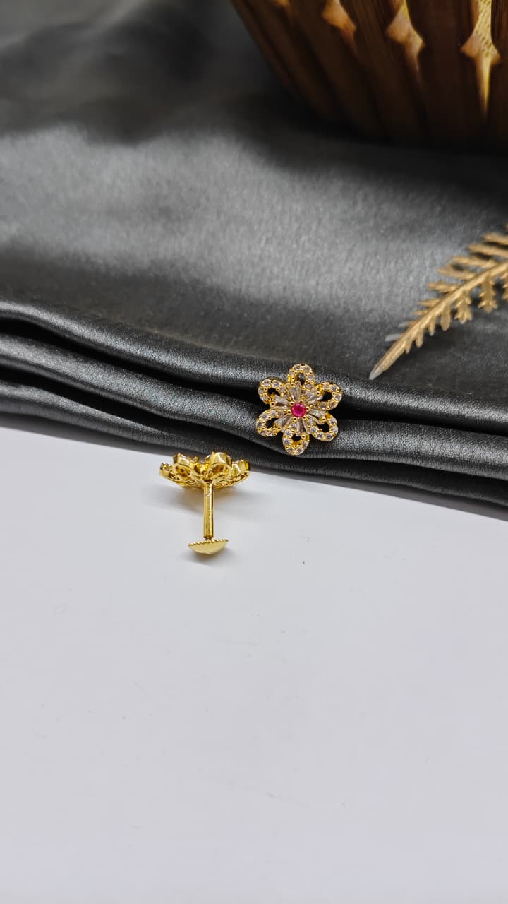 925 Silver Gold Colour 1Red Stone With White Stone Design Earrings