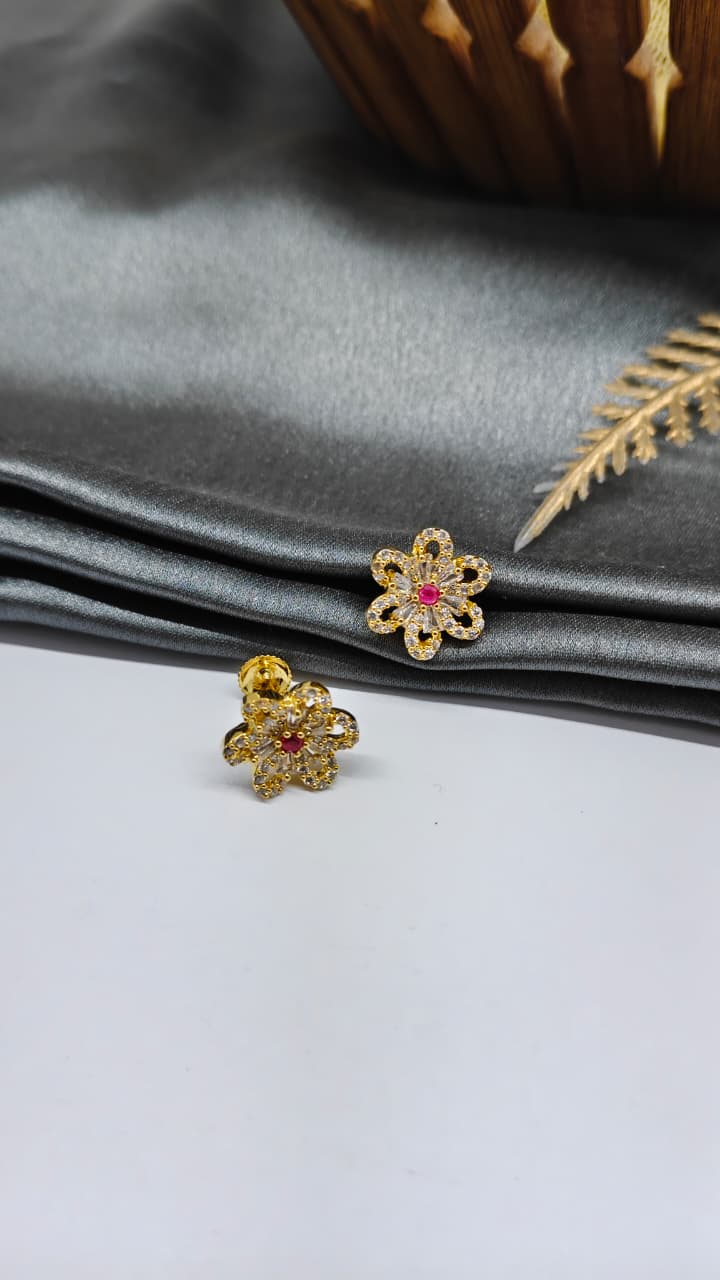 925 Silver Gold Colour 1Red Stone With White Stone Design Earrings
