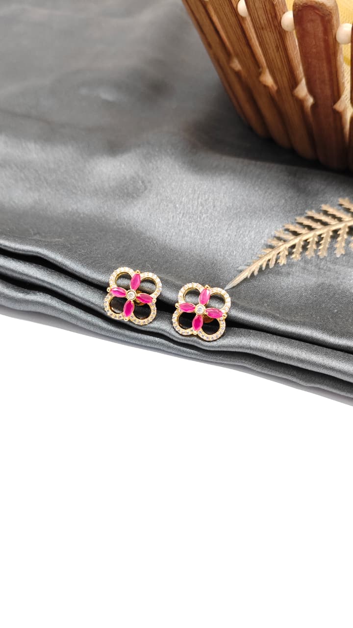 925 Silver Gold Colour Red With White Stone Design Earrings