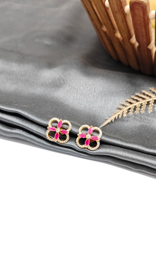 925 Silver Gold Colour Red With White Stone Design Earrings