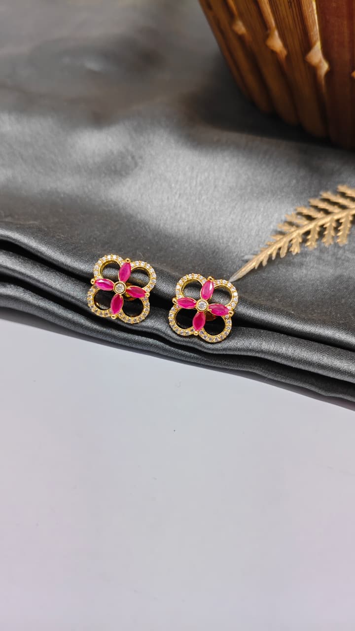 925 Silver Gold Colour Red With White Stone Design Earrings