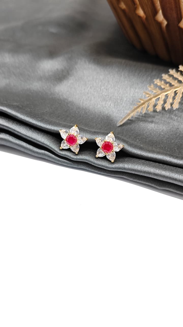 925 Silver Gold Colour 1 Red With 5 White Stone Design Earrings