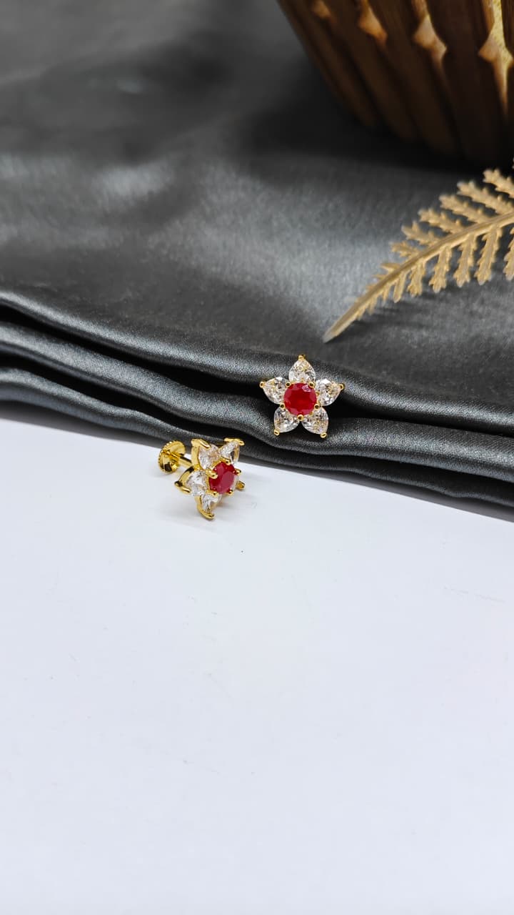 925 Silver Gold Colour 1 Red With 5 White Stone Design Earrings