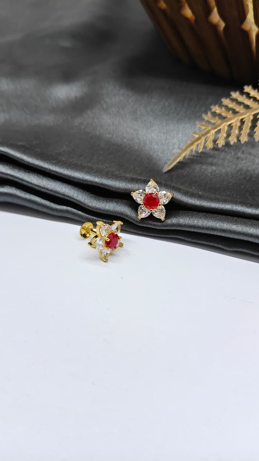 925 Silver Gold Colour 1 Red With 5 White Stone Design Earrings