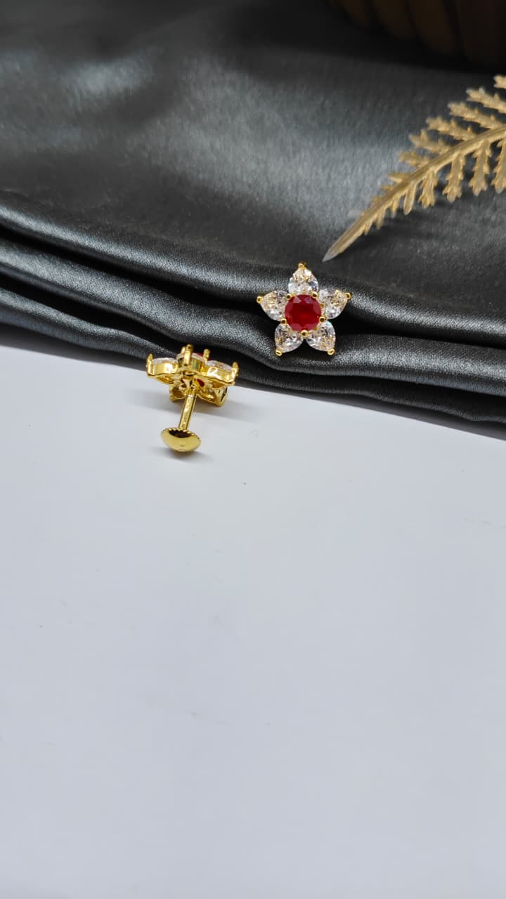 925 Silver Gold Colour 1 Red With 5 White Stone Design Earrings