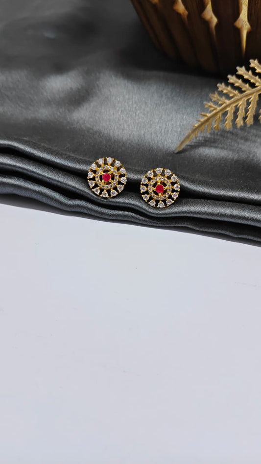 925 Silver Gold Colour 1 Red With White Stone Design Earrings