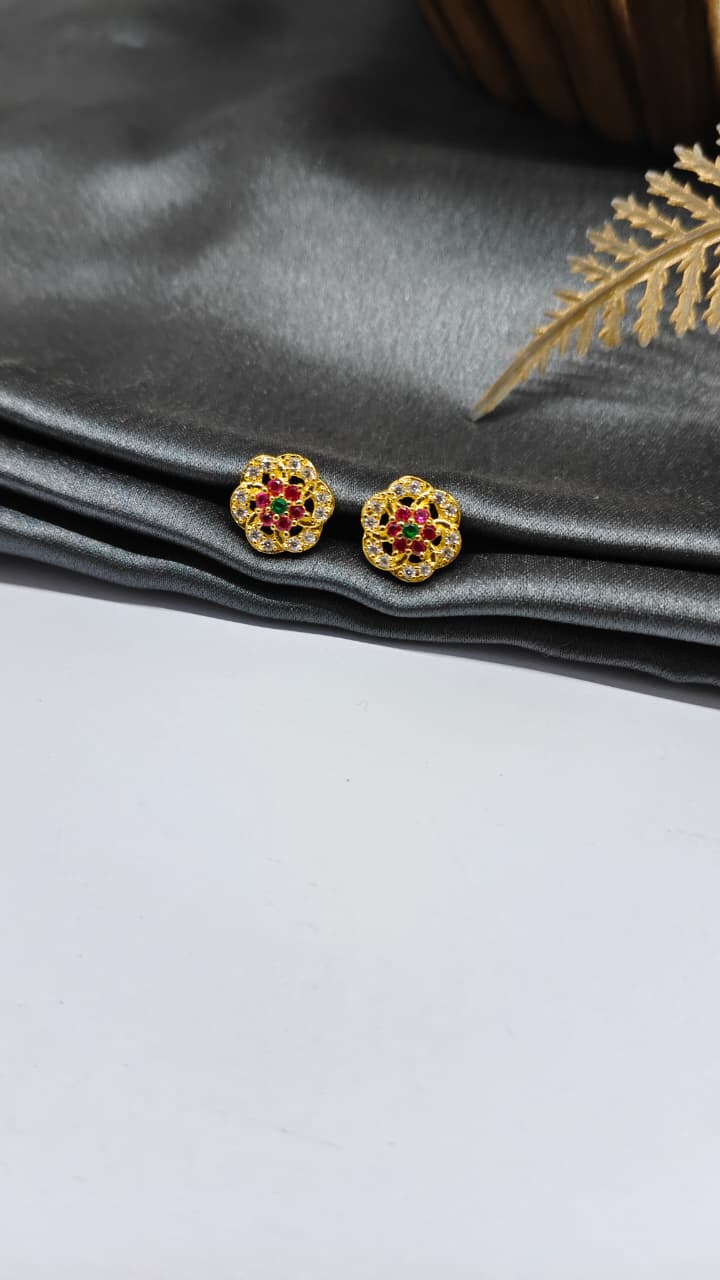 925 Silver Gold Colour Green/Red With White Stone Design Earrings