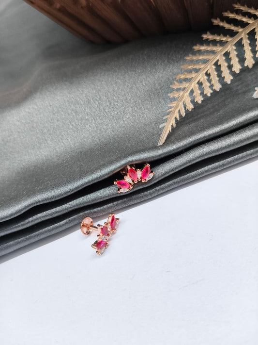 925 Silver Rose Gold 4 White Stone With 3 Pink Stone Half Design Earrings