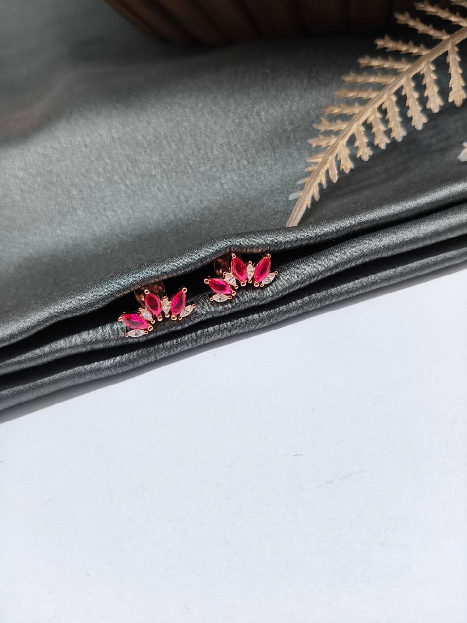 925 Silver Rose Gold 4 White Stone With 3 Pink Stone Half Design Earrings