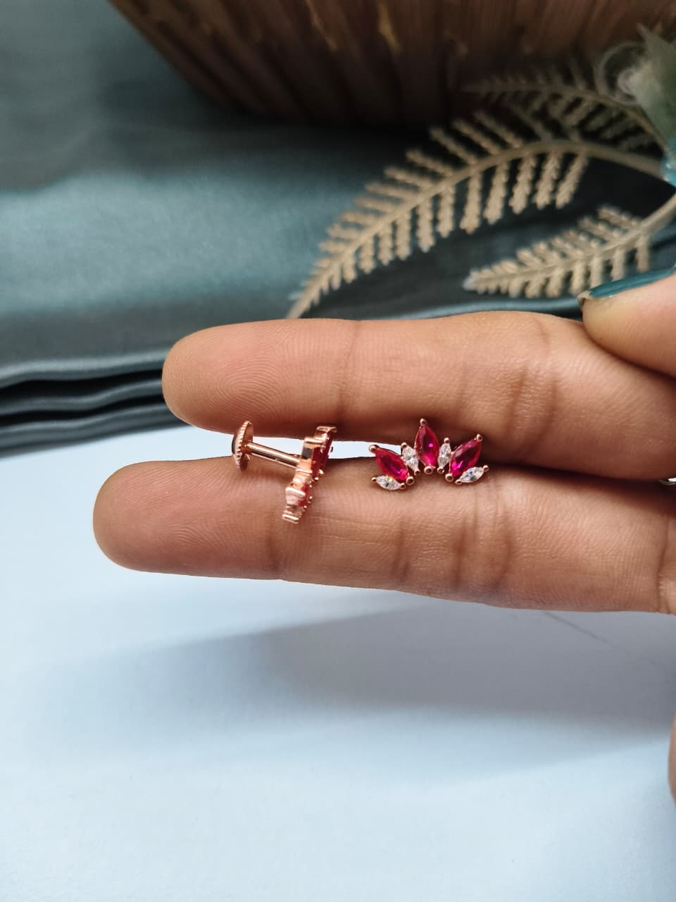 925 Silver Rose Gold 4 White Stone With 3 Pink Stone Half Design Earrings
