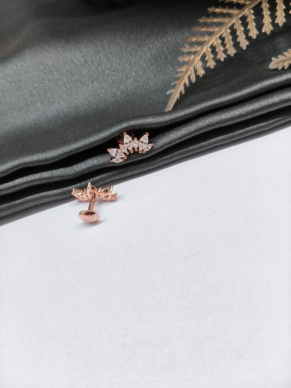 925 Silver Rose Gold 7 White Stone Half Design Earrings