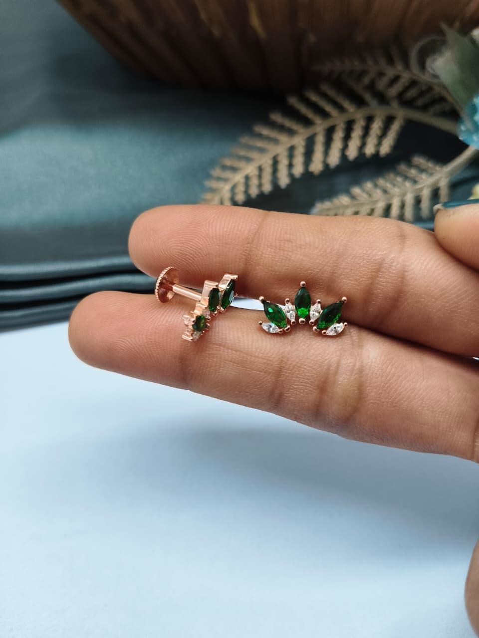 925 Silver Rose Gold 4 White Stone With 3 Green Stone Half Design Earrings