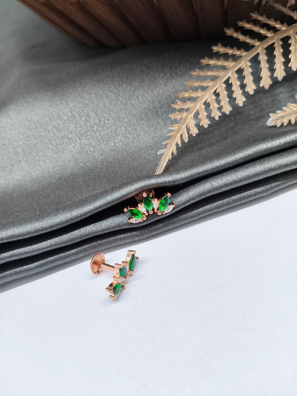 925 Silver Rose Gold 4 White Stone With 3 Green Stone Half Design Earrings
