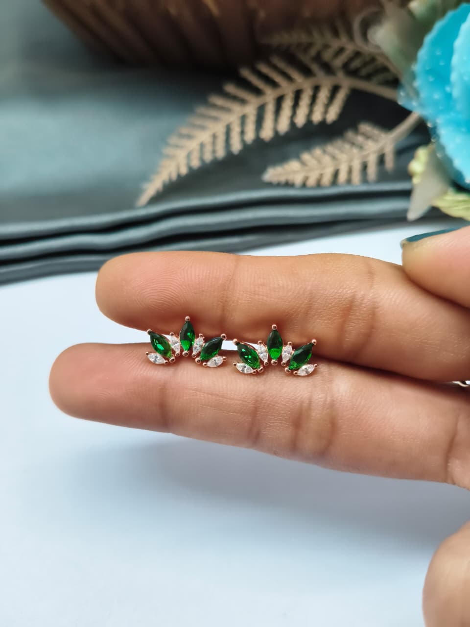 925 Silver Rose Gold 4 White Stone With 3 Green Stone Half Design Earrings