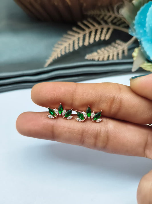 925 Silver Rose Gold 4 White Stone With 3 Green Stone Half Design Earrings