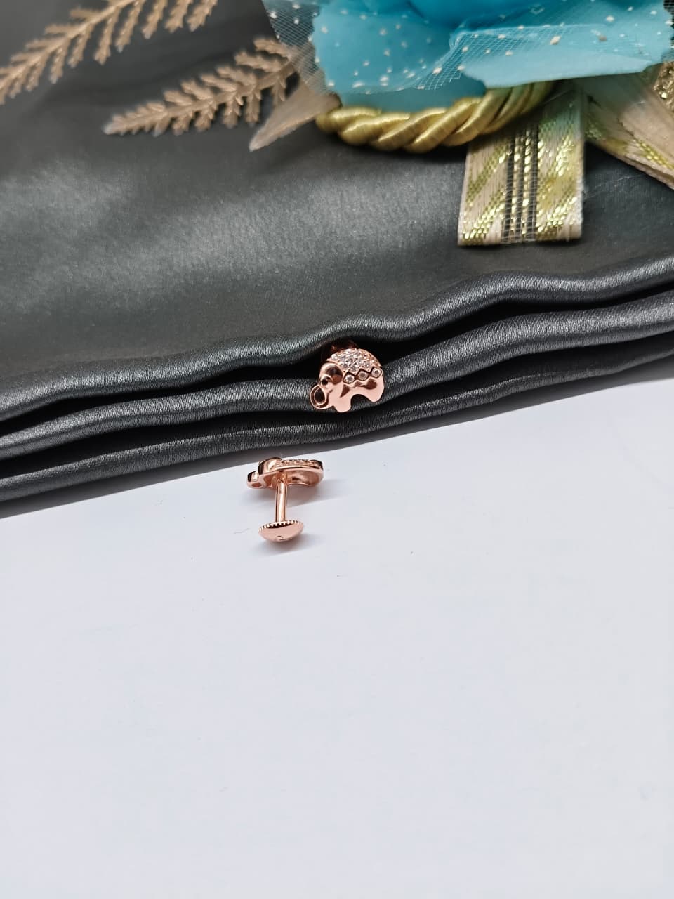 925 Silver Rose Gold Elephant Design With White Stone Earrings