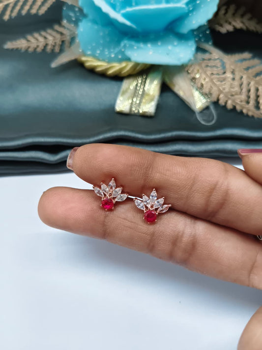 925 Silver Rose Gold 1 Round Red Stone +5 White Stone Earrings