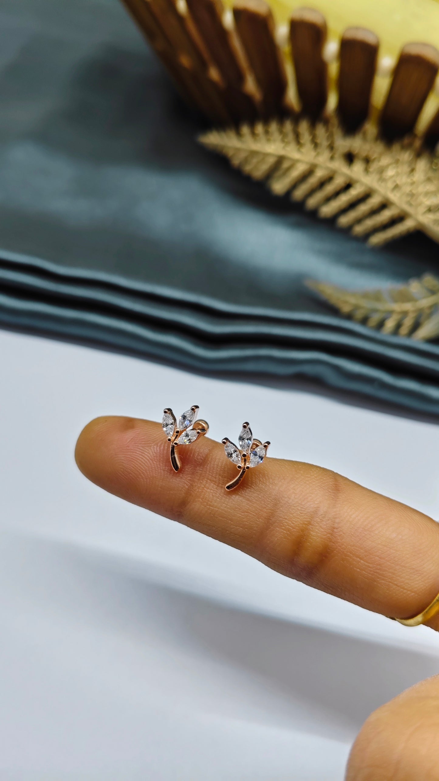 925 Silver Rose Gold 3 White Stone Leaf Design Bugadi Earrings