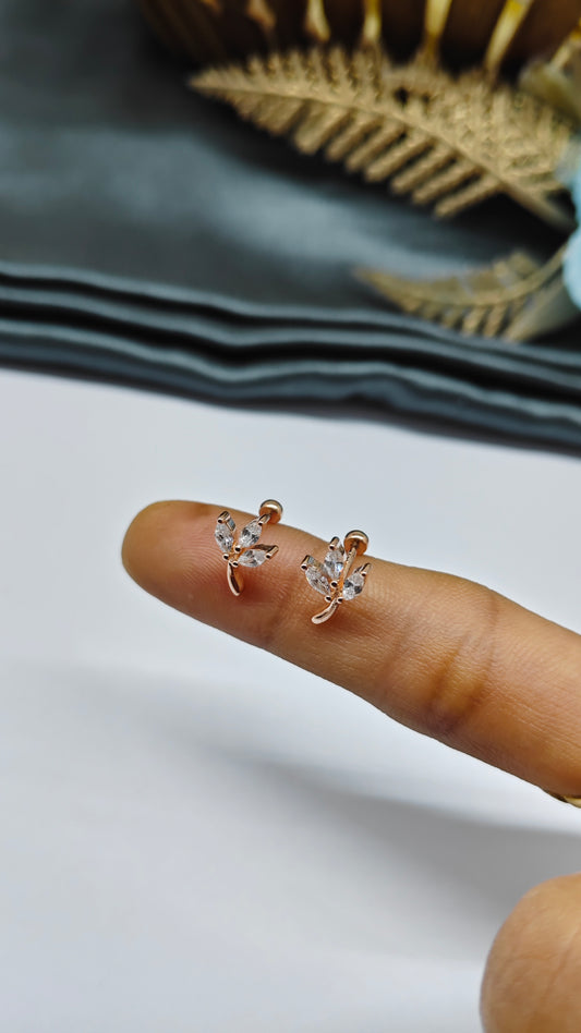 925 Silver Rose Gold 3 White Stone Leaf Design Bugadi Earrings