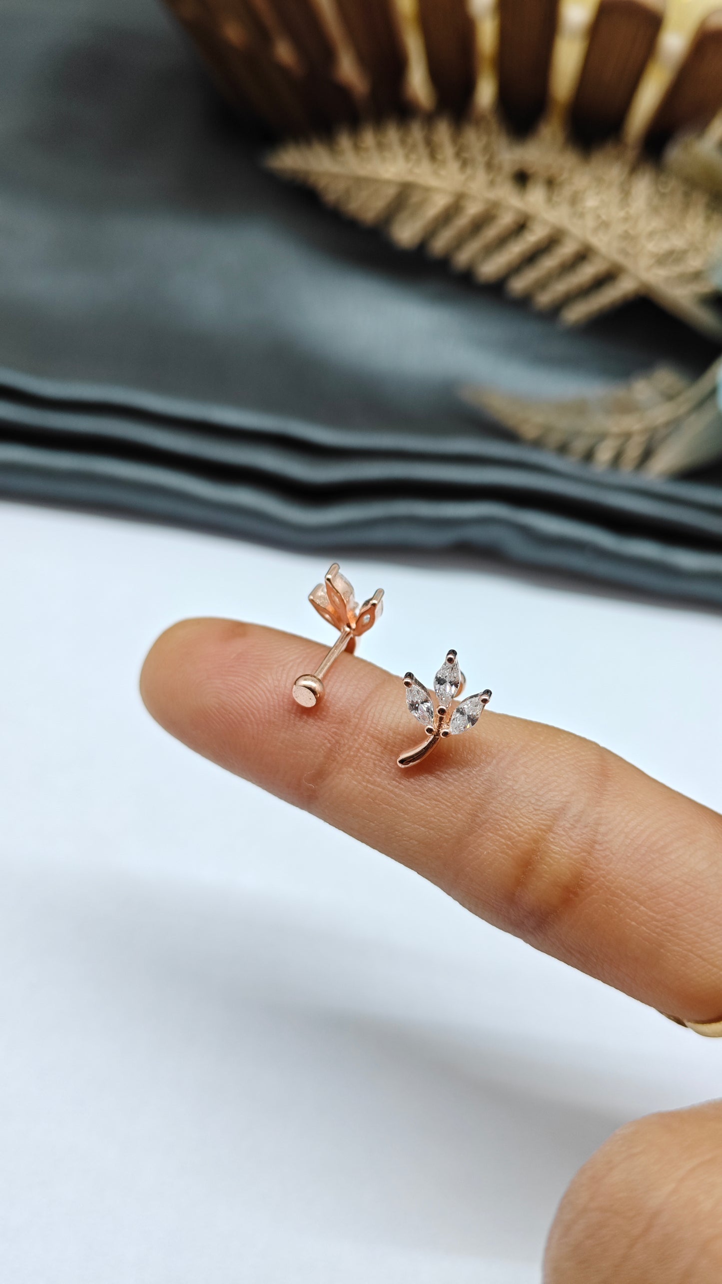 925 Silver Rose Gold 3 White Stone Leaf Design Bugadi Earrings