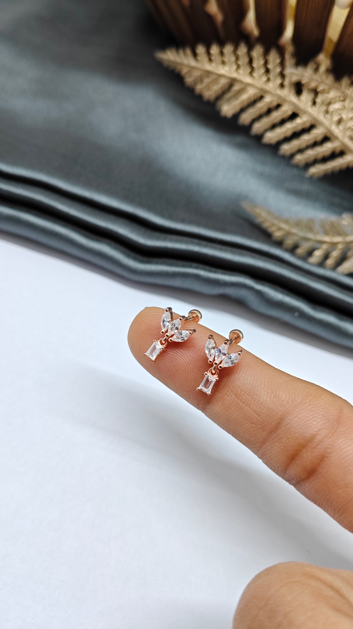 925 Silver Rose Gold 3+1 White Stone Hanging Design Bugadi Earrings
