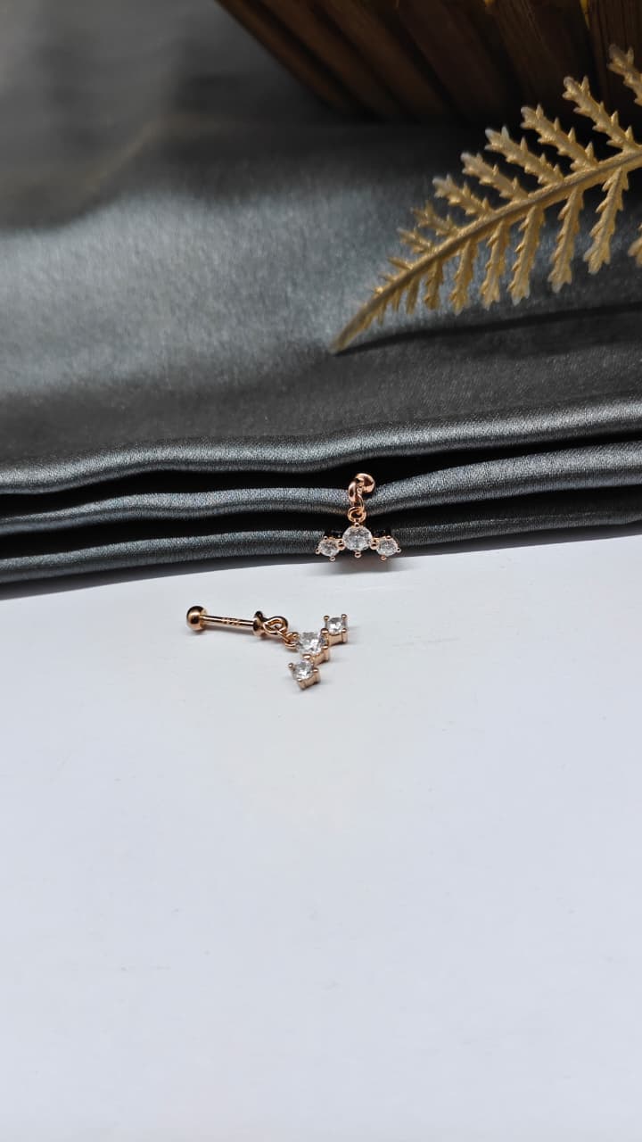 925 Silver Rose Gold 3 White Stone Hanging Design Bugadi Earrings