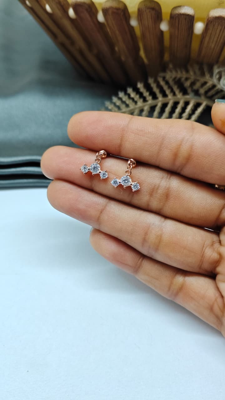 925 Silver Rose Gold 3 White Stone Hanging Design Bugadi Earrings