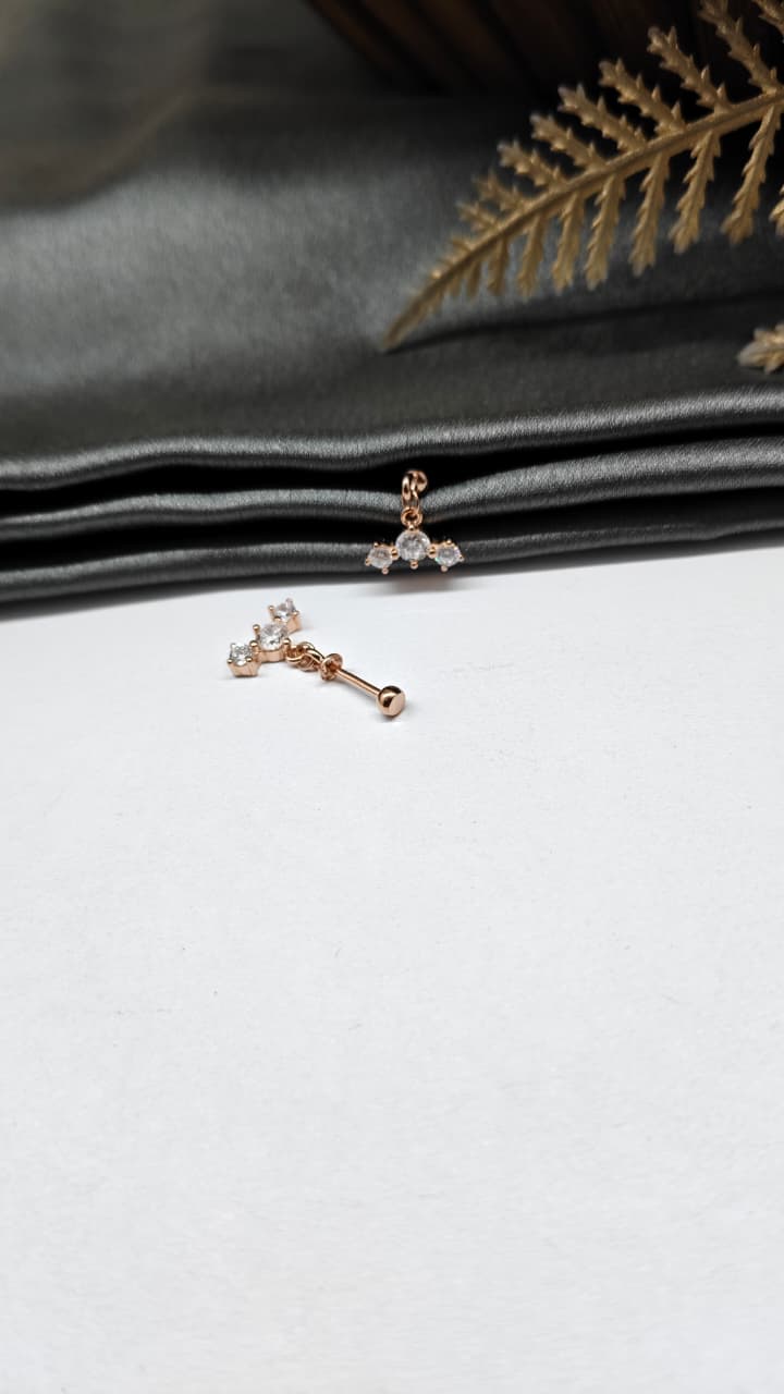 925 Silver Rose Gold 3 White Stone Hanging Design Bugadi Earrings