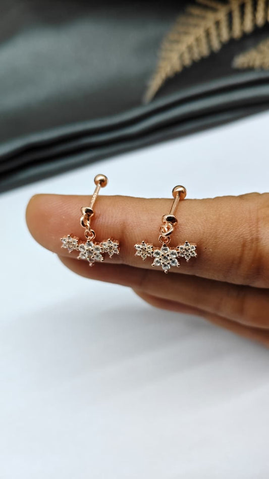 925 Silver Rose Gold 3 Star White Stone Hanging Design Bugadi Earrings