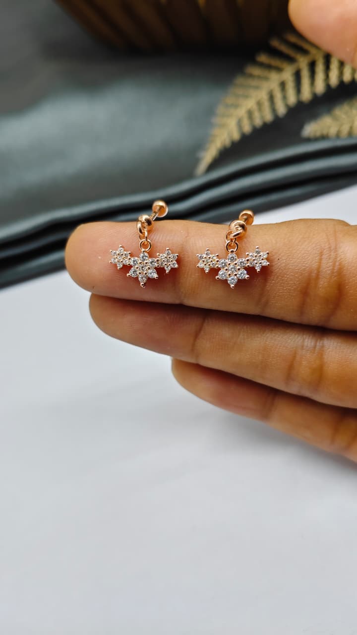 925 Silver Rose Gold 3 Star White Stone Hanging Design Bugadi Earrings