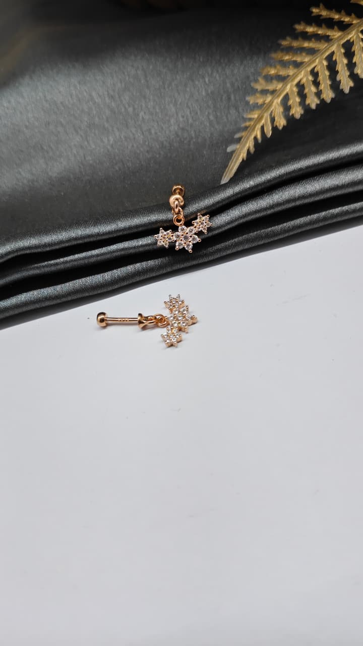 925 Silver Rose Gold 3 Star White Stone Hanging Design Bugadi Earrings