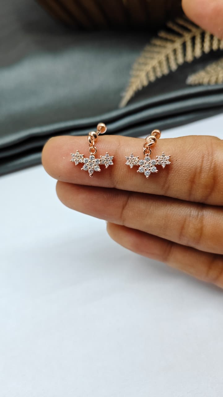 925 Silver Rose Gold 3 Star White Stone Hanging Design Bugadi Earrings